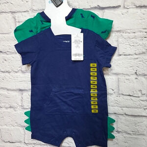 New Carters Baby Boys 6 Months Snap On Romper Dinosaur Blue Green 2 Pack‎